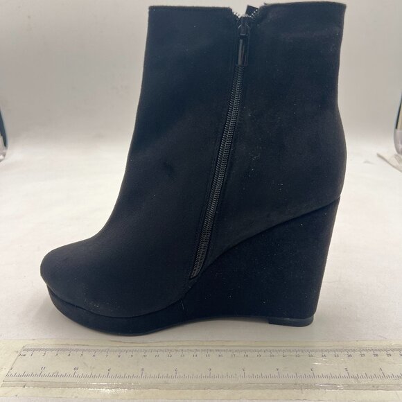Black Suede Wedge High Heel Ankle Booties Zip-up Closed Toe Winter Boots - Picture 1 of 7